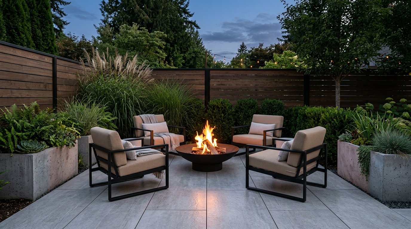 Minimalist black steel fire bowl set on large gray porcelain pavers with four contemporary lounge chairs