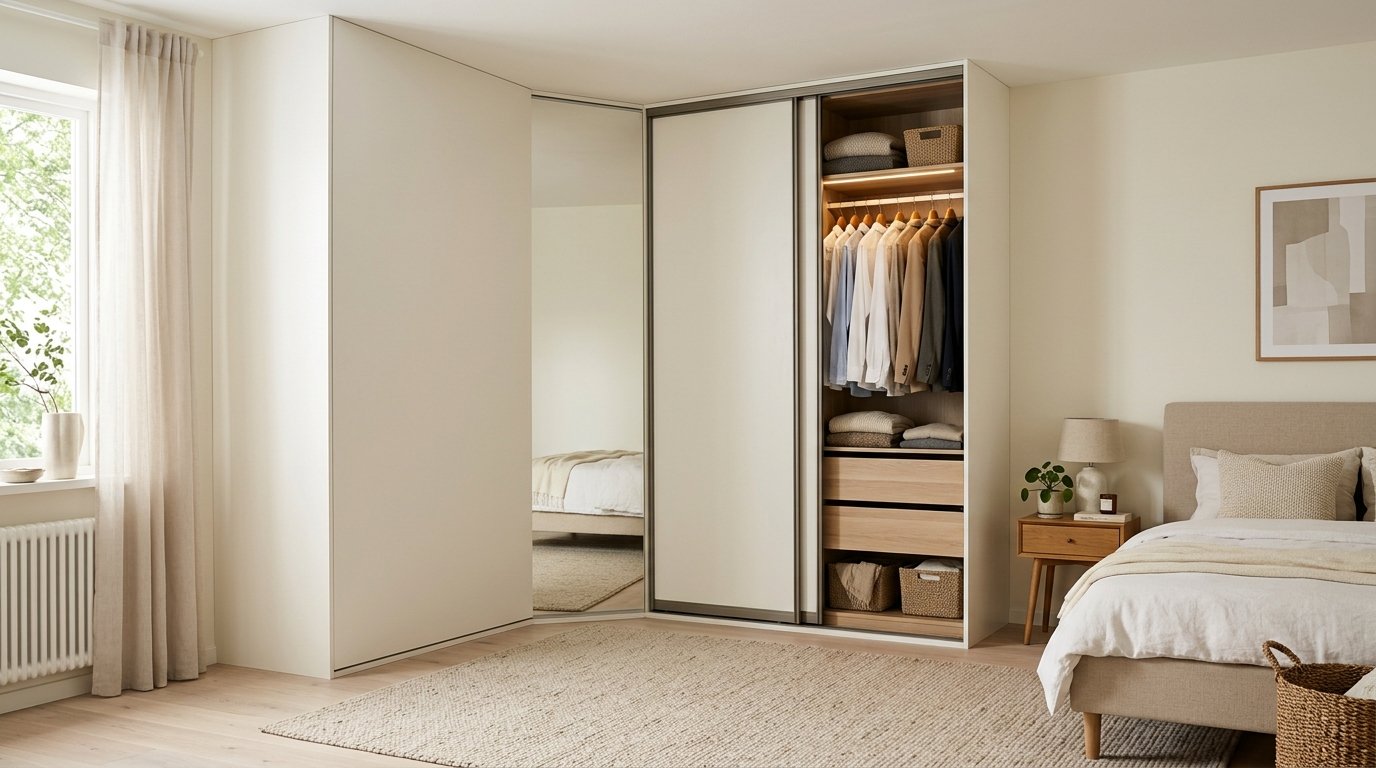 Modern corner wardrobe with white sliding panels and full-length mirrored doors in a small bedroom