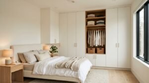 Floor-to-ceiling white corner closet with built-in open shelves and brass hardware in a modern bedroom