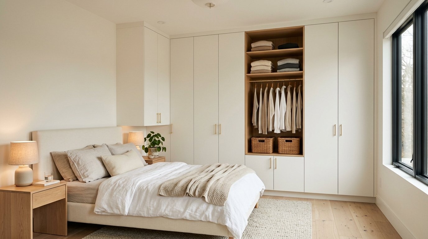 Floor-to-ceiling white corner closet with built-in open shelves and brass hardware in a modern bedroom