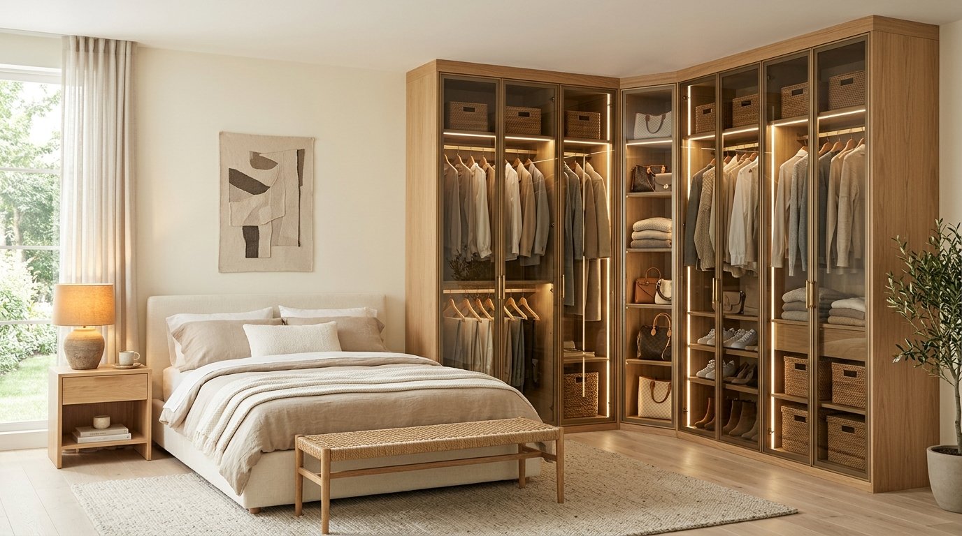 Modern L-shaped corner closet with smoked glass doors, oak framing, and LED lighting