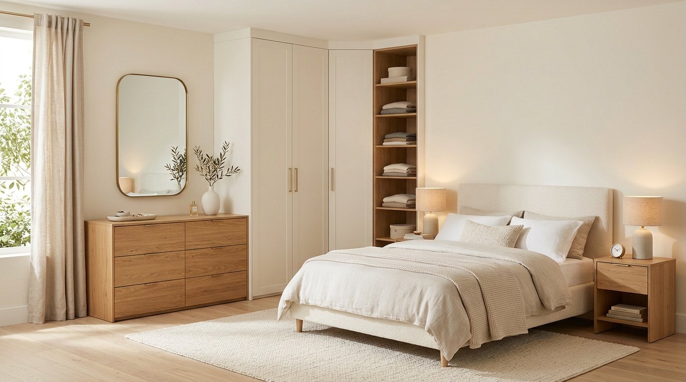 L-shaped bedroom corner storage system combining a tall wardrobe and a 6-drawer oak dresser