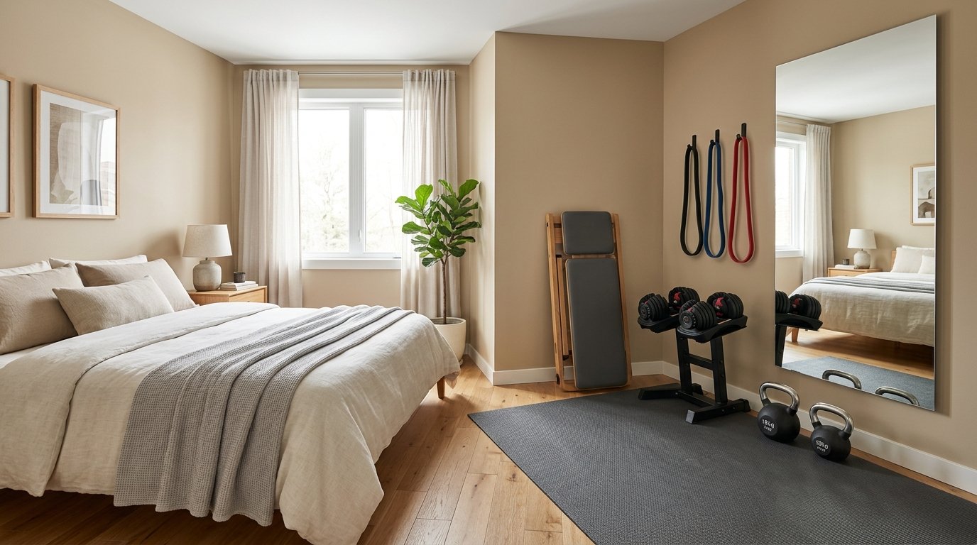 Modern bedroom with an integrated workout corner featuring a full-length wall mirror, exercise mat, and weight stand