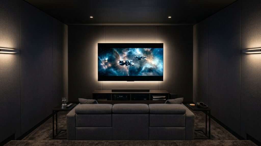 Dark and moody small home theater room with matte charcoal walls, plush reclining seating, and ambient perimeter lighting
