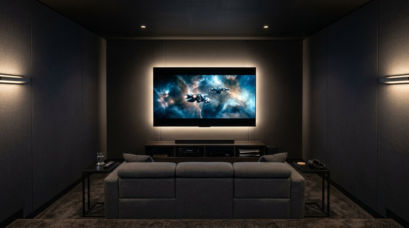 Dark and moody small home theater room with matte charcoal walls, plush reclining seating, and ambient perimeter lighting
