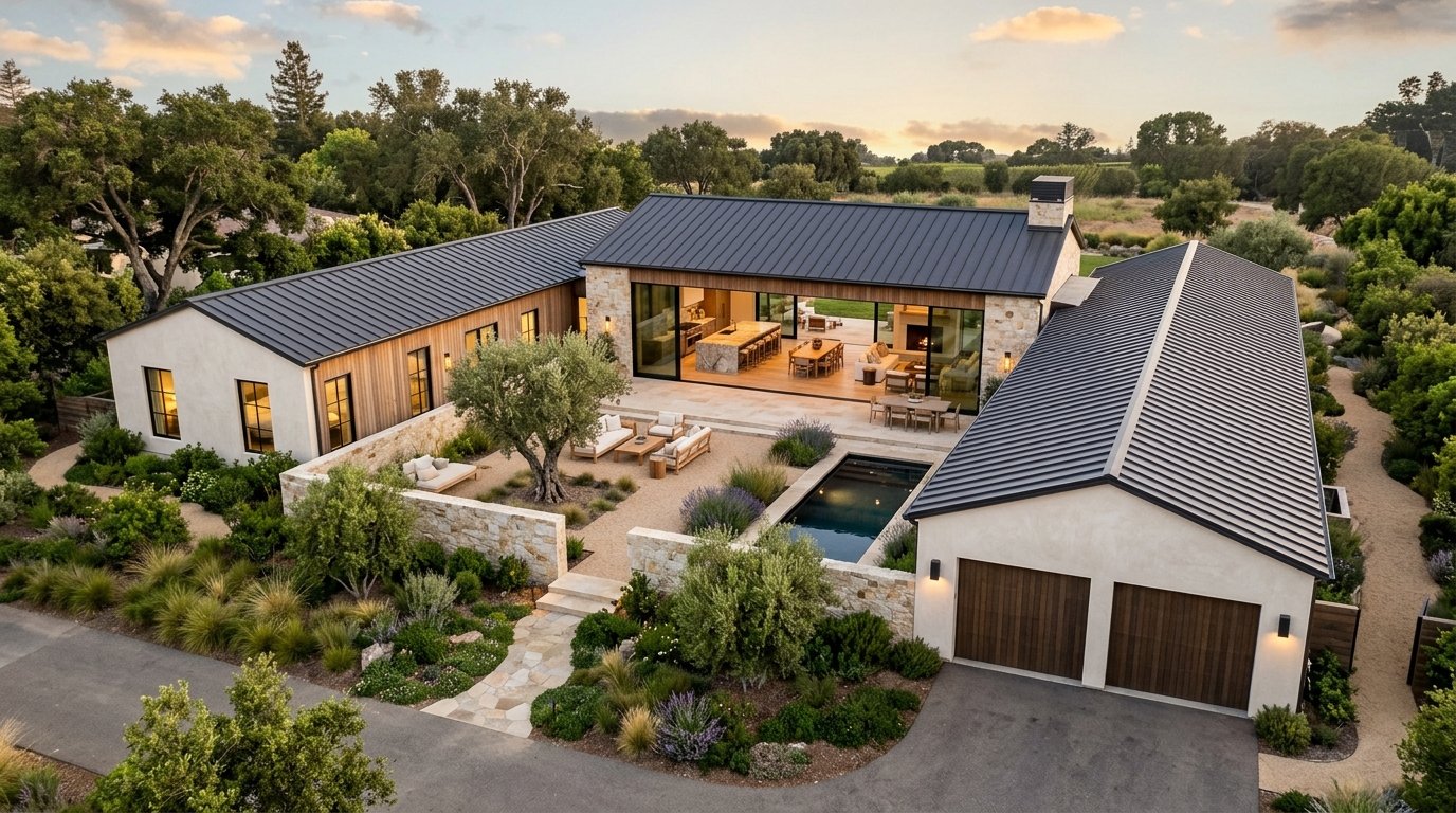 Aerial architectural view of a luxury modern U-shaped four-bedroom single-story house surrounding a private landscaped central courtyard with pool