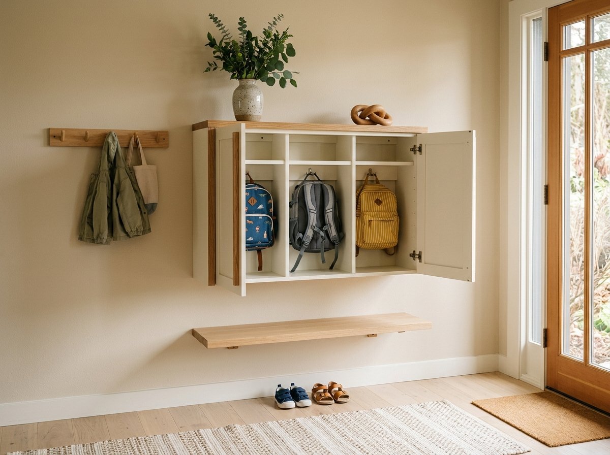 Floating wall-mounted cabinet with open doors showing internal cubby hooks for backpacks above a floating bench