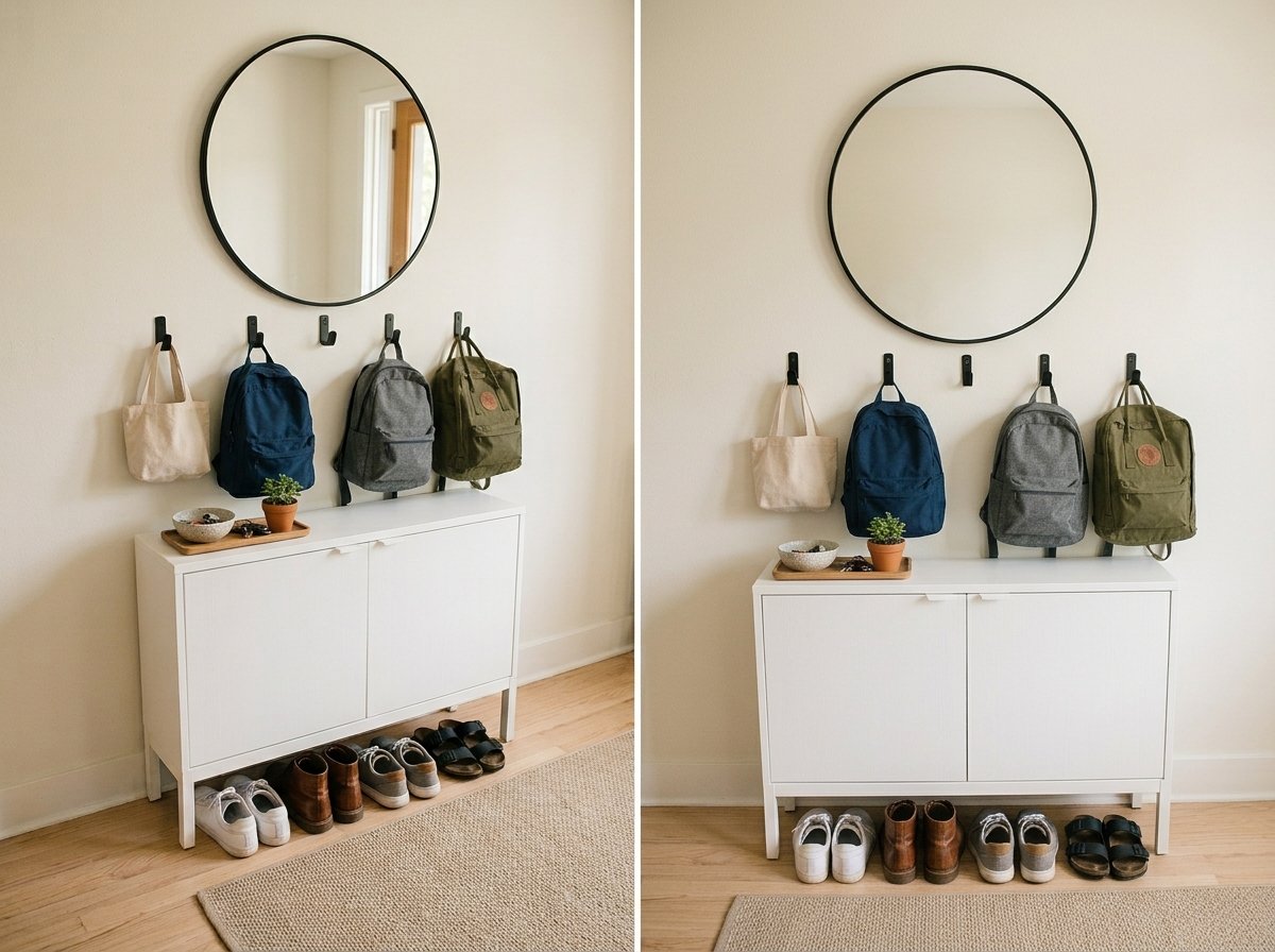Minimalist white entryway shoe cabinet paired with a round mirror and black wall hooks holding backpacks