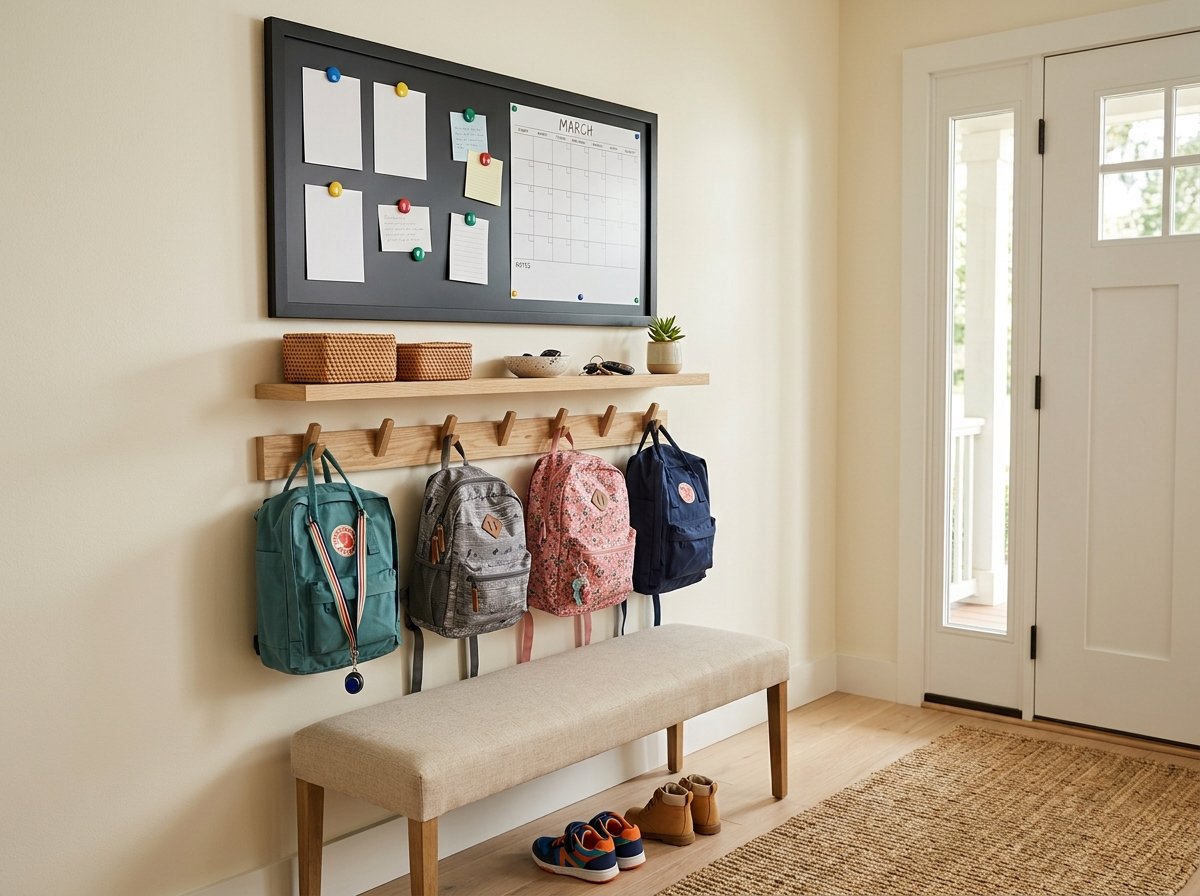 Large framed magnetic calendar board mounted above an entryway shelf and wooden hooks holding backpacks
