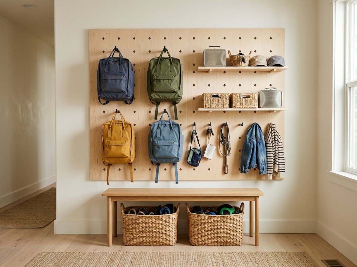 Large wooden pegboard wall organizer with adjustable hooks, shelves, and baskets for backpacks and accessories
