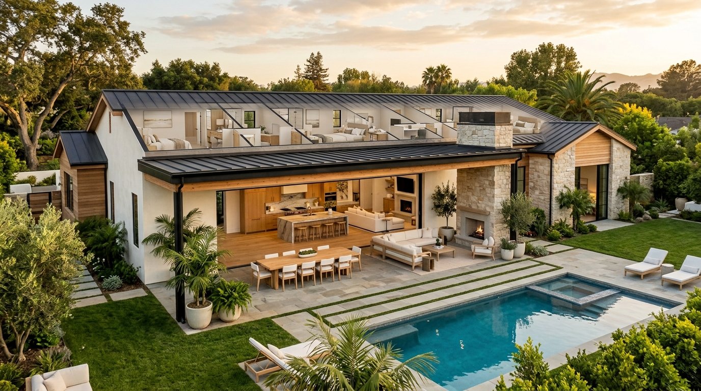 Modern single-story four-bedroom house featuring an expansive covered rear patio with outdoor dining, fireplace, and pool