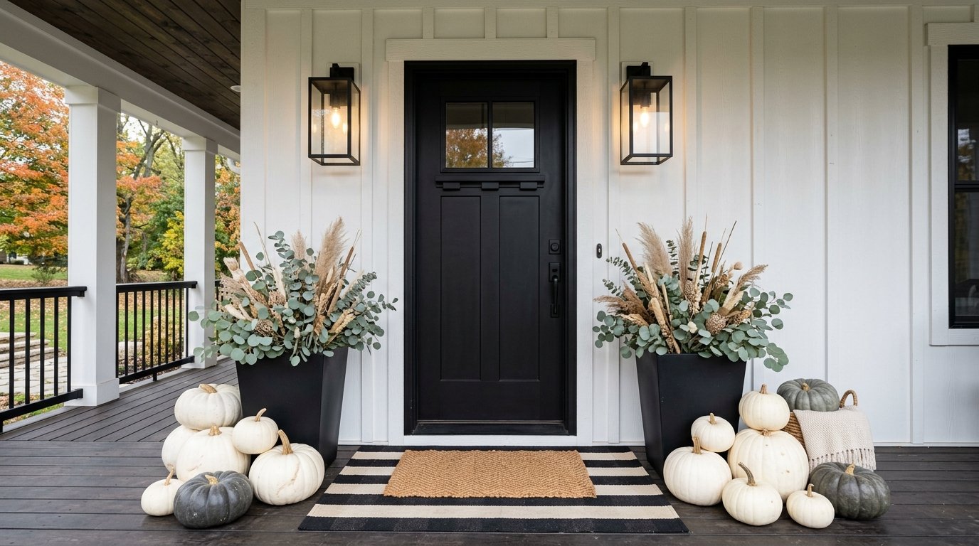 Modern farmhouse porch styled with white and heirloom pumpkins, tall black planters, and a striped entryway rug