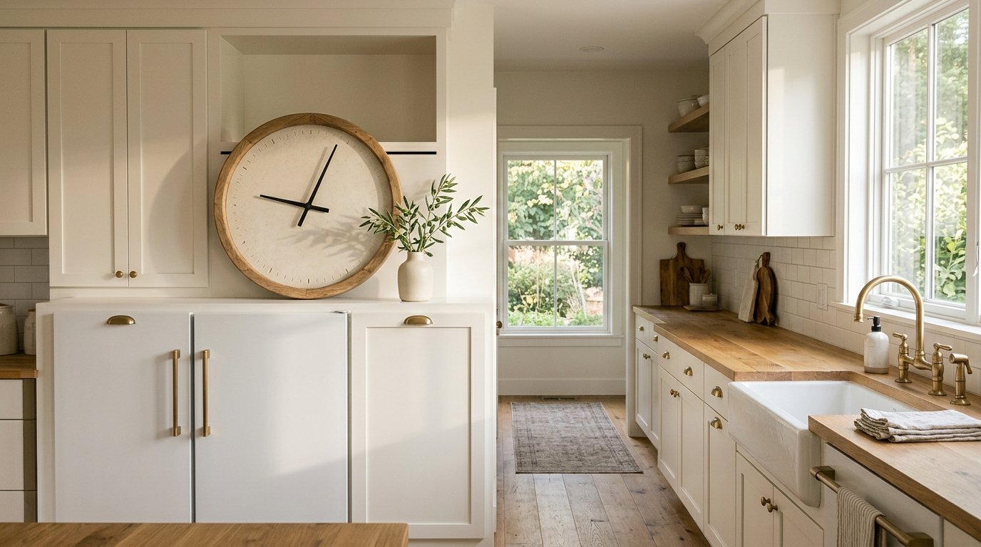 Large round wooden wall clock leaned above a refrigerator paired with olive branches in a ceramic vase