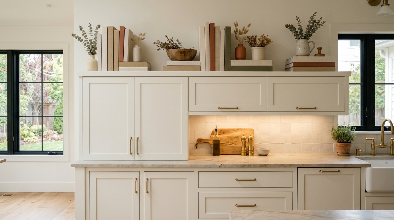 Neat stacks of neutral hardcover cookbooks styled with pottery and dried botanicals above white kitchen cabinets