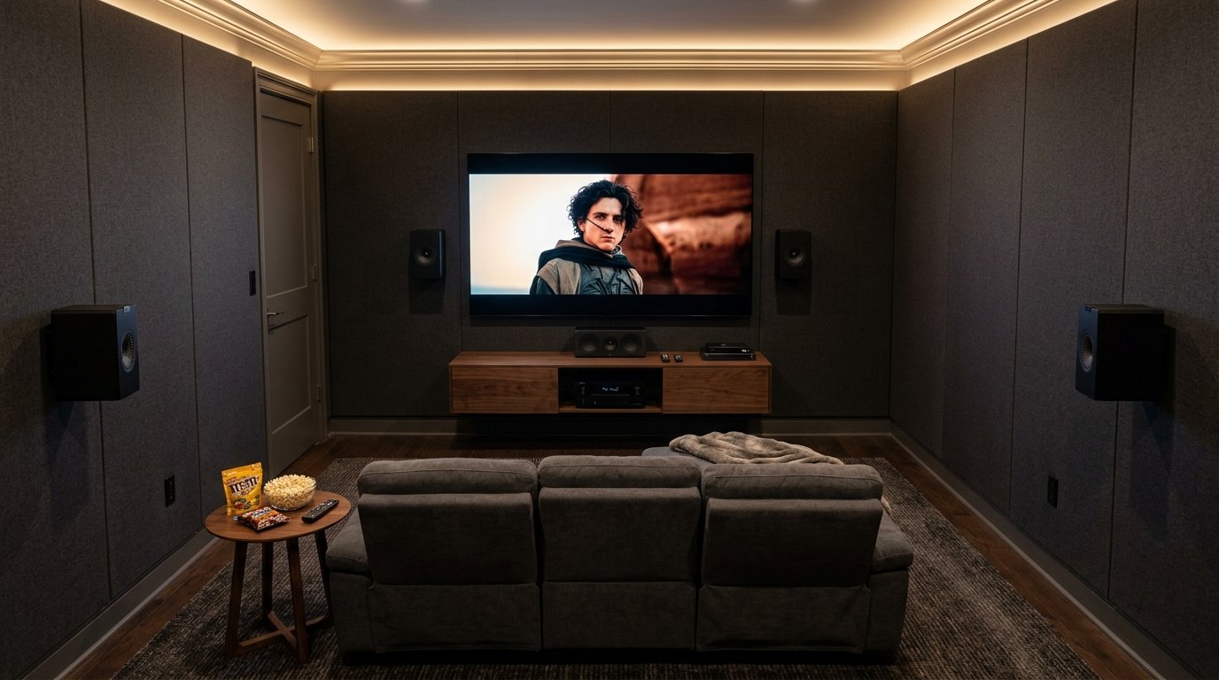 Space-saving home cinema setup featuring wall-mounted surround sound speakers and a floating media console