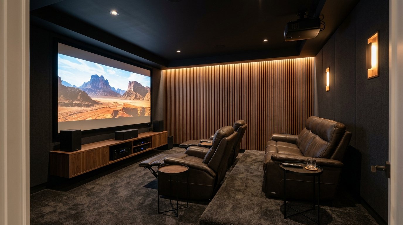 Modern home theater featuring warm vertical walnut wood acoustic slat paneling and leather recliner seating