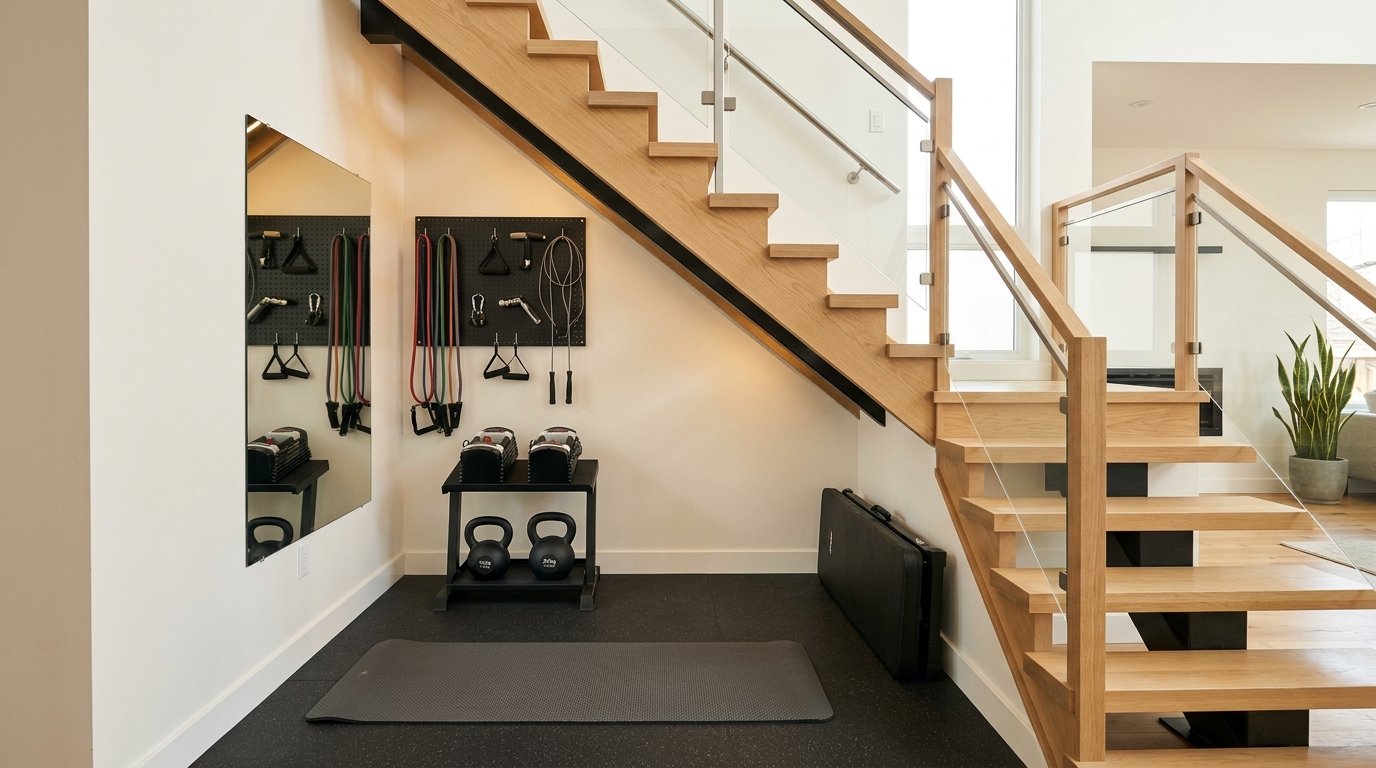 Space underneath an open staircase transformed into a compact workout area with pegboard wall storage and weights