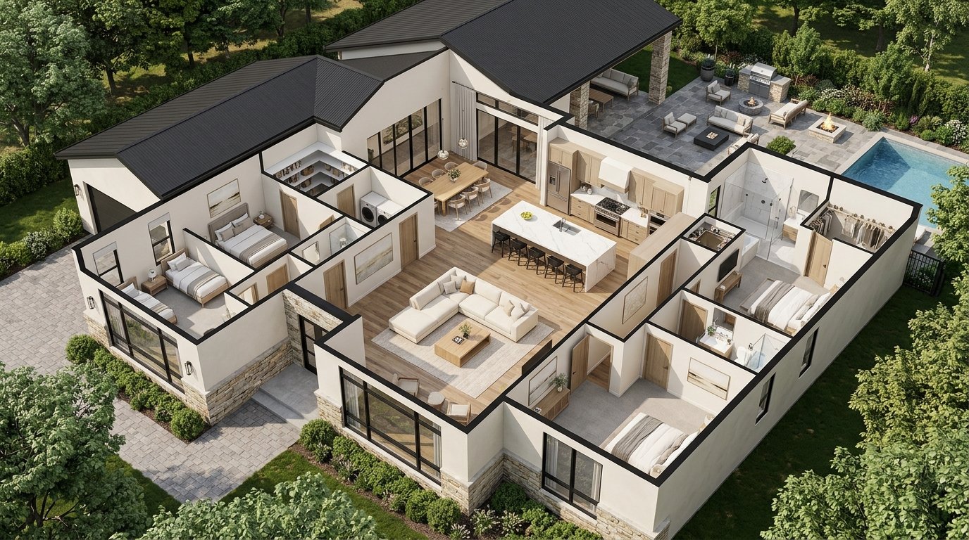 Architectural cutaway view of a single-story four-bedroom home centered around an expansive open-concept living room and kitchen island