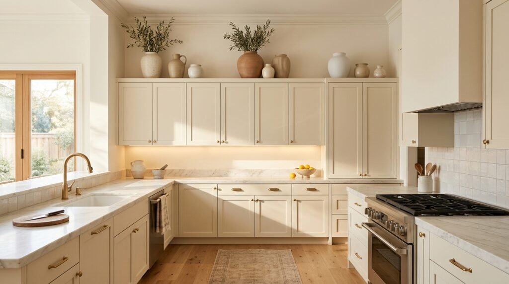 Warm neutral kitchen featuring a curated cluster of ceramic vases in varying heights and earth tones above the upper cabinets