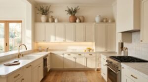 Warm neutral kitchen featuring a curated cluster of ceramic vases in varying heights and earth tones above the upper cabinets