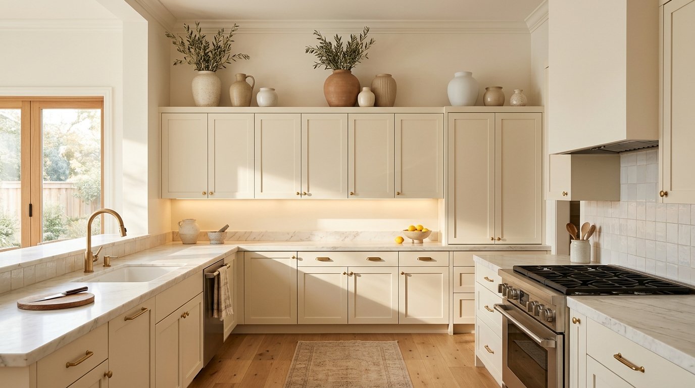 Warm neutral kitchen featuring a curated cluster of ceramic vases in varying heights and earth tones above the upper cabinets