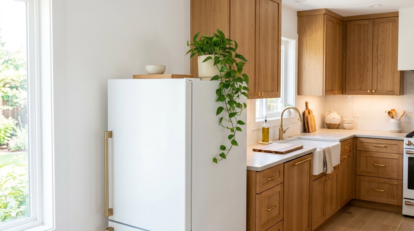 Modern kitchen refrigerator styled with a lush trailing pothos plant cascading down the side from a ceramic planter