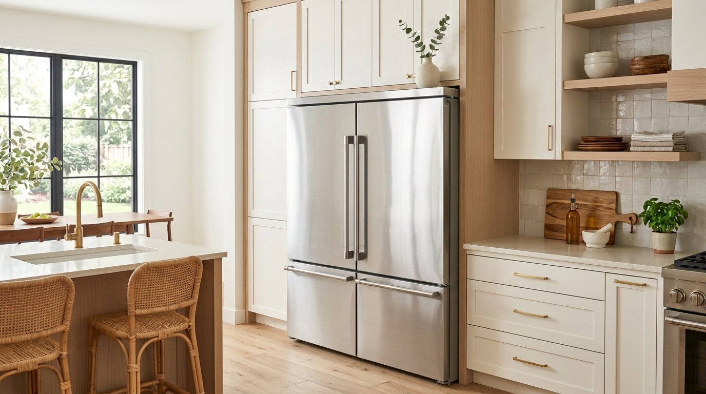 Framed botanical olive branch artwork and a minimalist ceramic vase styled above a refrigerator