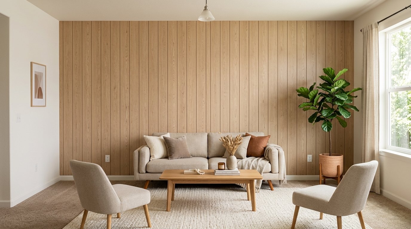 Living room featuring a warm natural oak vertical wood panel accent wall created with removable peel-and-stick planks