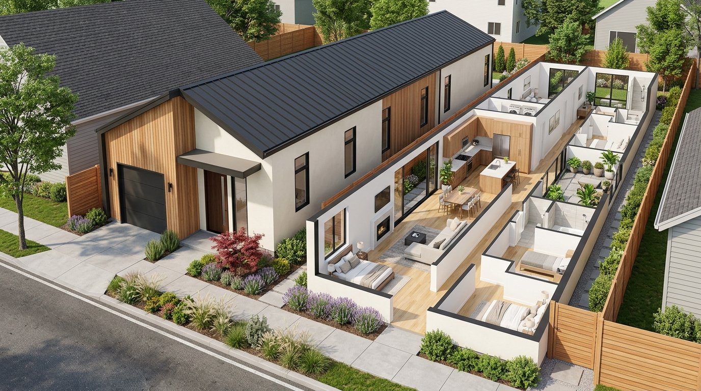 Architectural cutaway of a modern single-story four-bedroom house designed specifically for a narrow urban lot