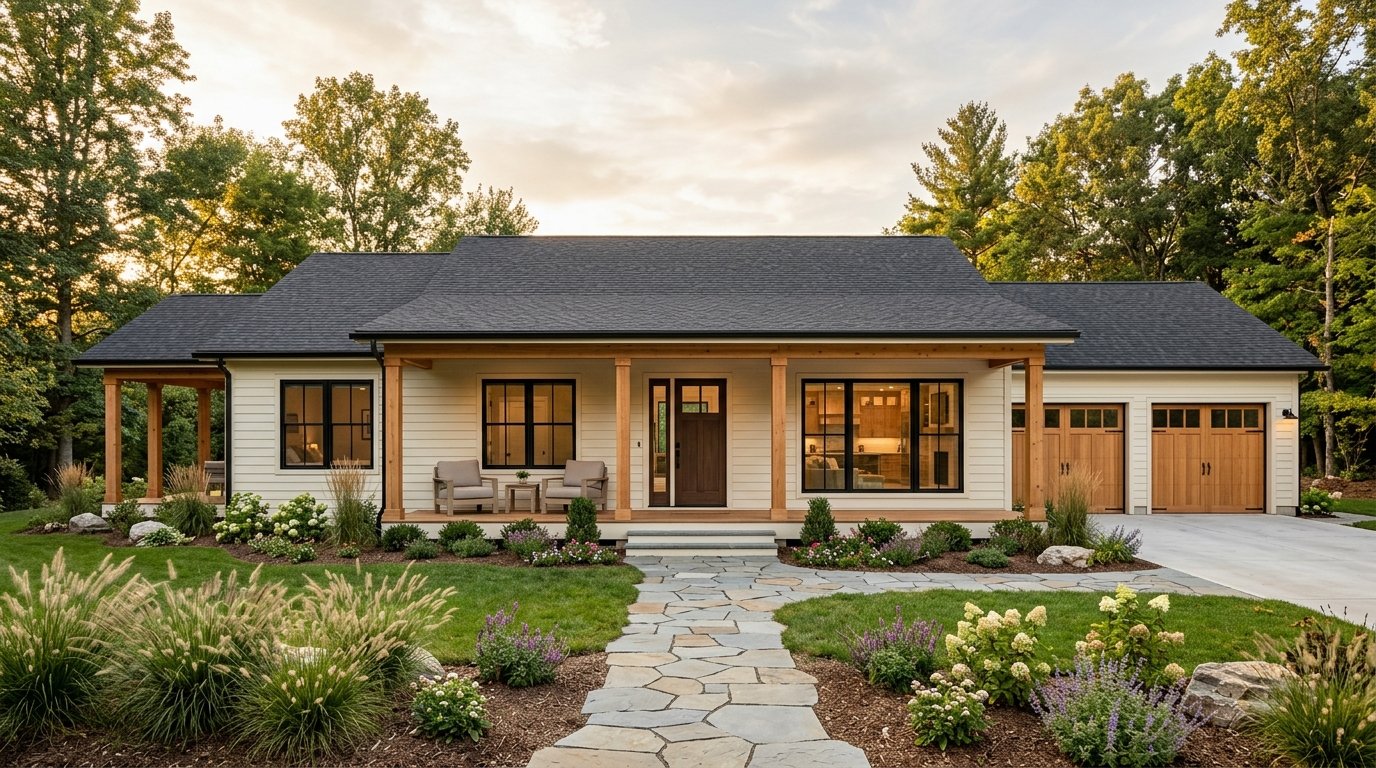 Exterior visualization of a modern ranch-style single-story four-bedroom house with a wide covered front porch and stone walkway
