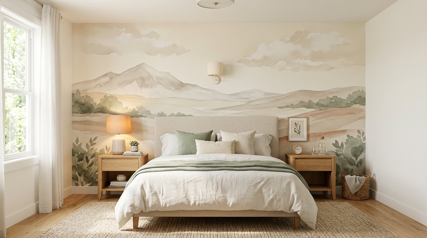 Panoramic watercolor mountain landscape wall mural applied as a removable accent wall behind an upholstered bed