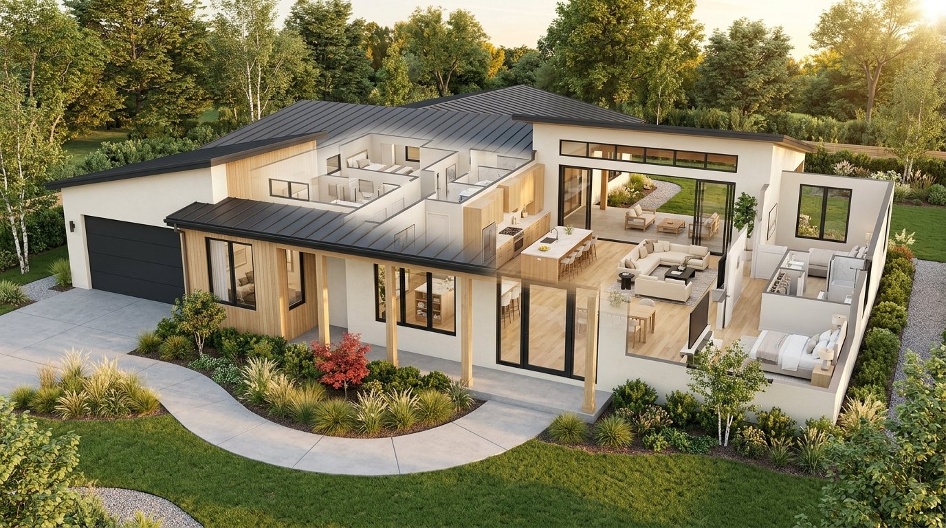 Modern single-story four-bedroom family home with an open-concept layout, warm stucco exterior, and architectural floor plan overlay