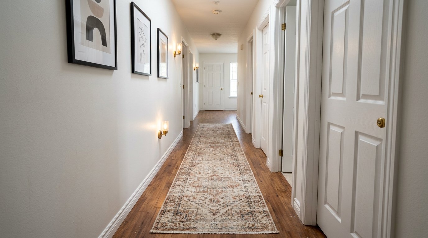 Long patterned vintage runner centered along a narrow hallway with hardwood laminate flooring