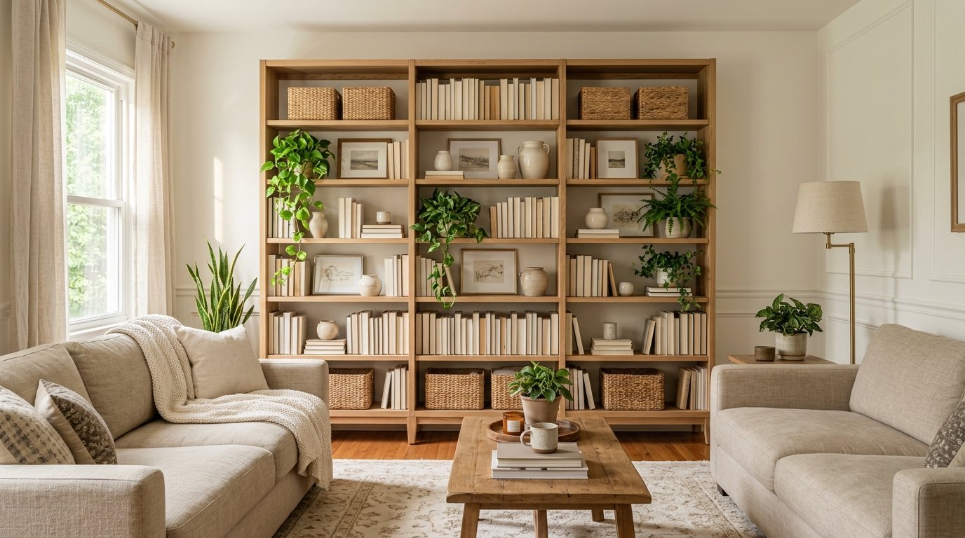 Large freestanding triple-width oak bookcase styled with books, plants, and baskets covering a living room wall