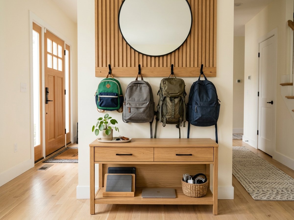 Modern wood slat entryway organizer with backpack hooks above a console table featuring an integrated electronic charging station
