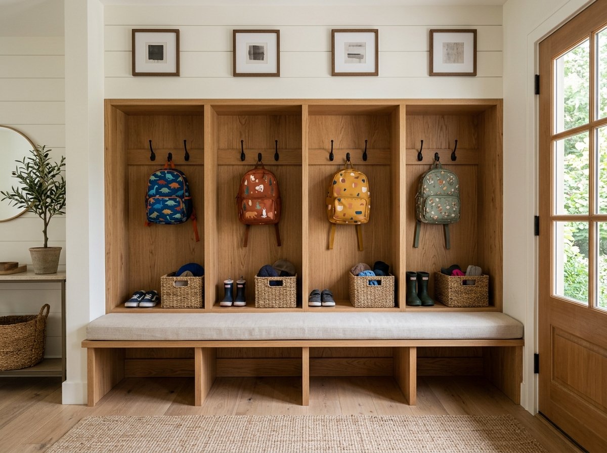 Comprehensive family mudroom drop zone with built-in wooden locker cubbies, bench seating, shoe shelves, and storage baskets