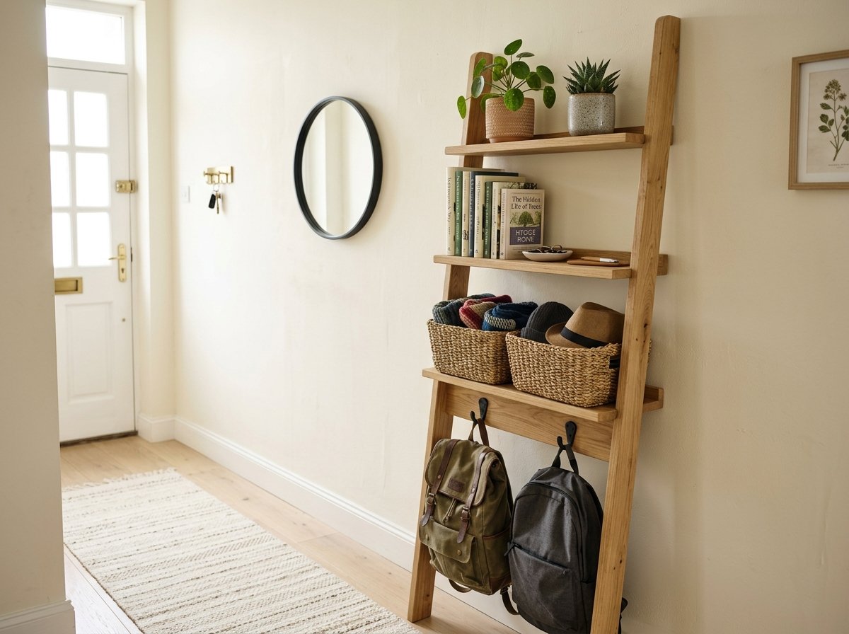 Leaning oak ladder shelf styled with books, plants, woven baskets, and lower hooks for hanging backpacks