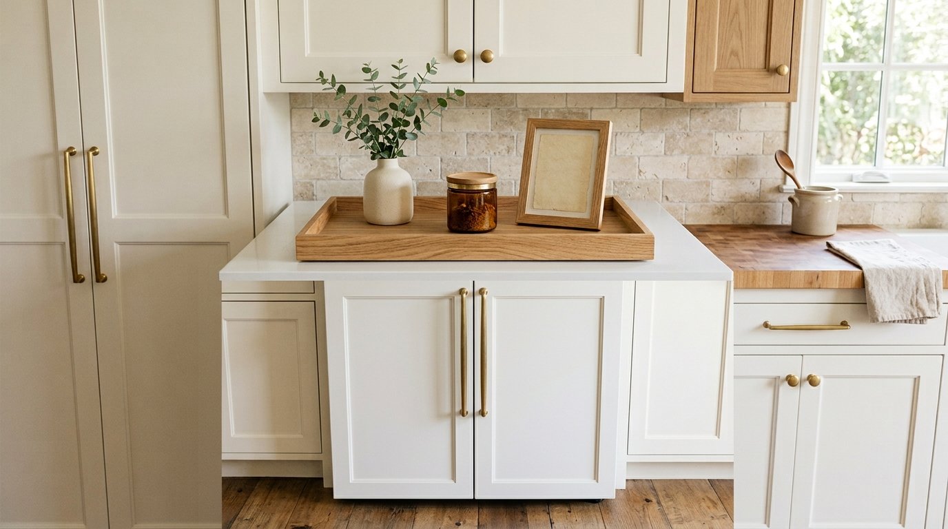 Natural oak decorative tray arranged on top of a refrigerator holding a ceramic vase with eucalyptus and an amber glass jar