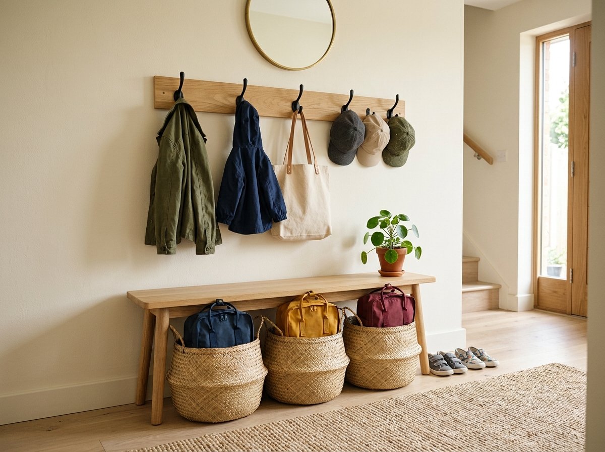 Entryway bench paired with three large round woven floor baskets dedicated to holding backpacks and bags