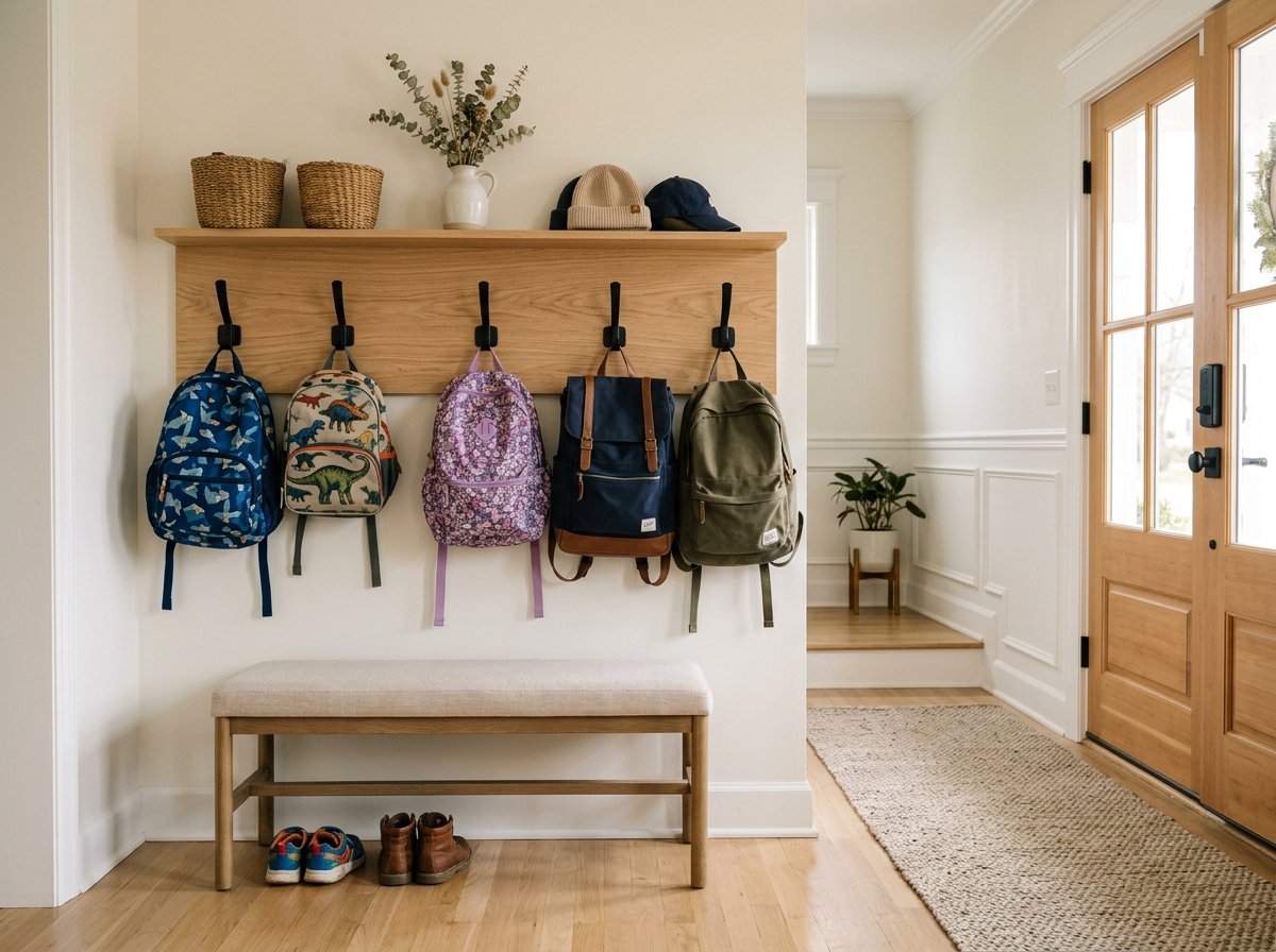 Entryway with a simple wooden wall panel featuring sturdy black hooks for backpacks and a matching wooden bench below
