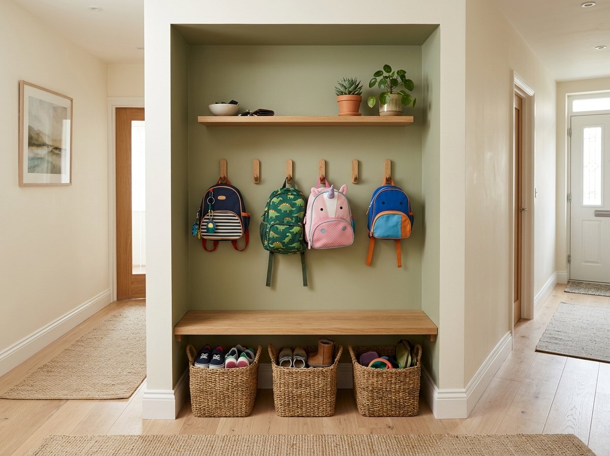 Recessed entryway architectural nook painted sage green with built-in wooden bench, backpack hooks, and storage baskets