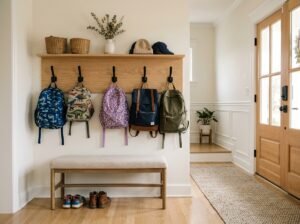 Entryway with a simple wooden wall panel featuring sturdy black hooks for backpacks and a matching wooden bench below