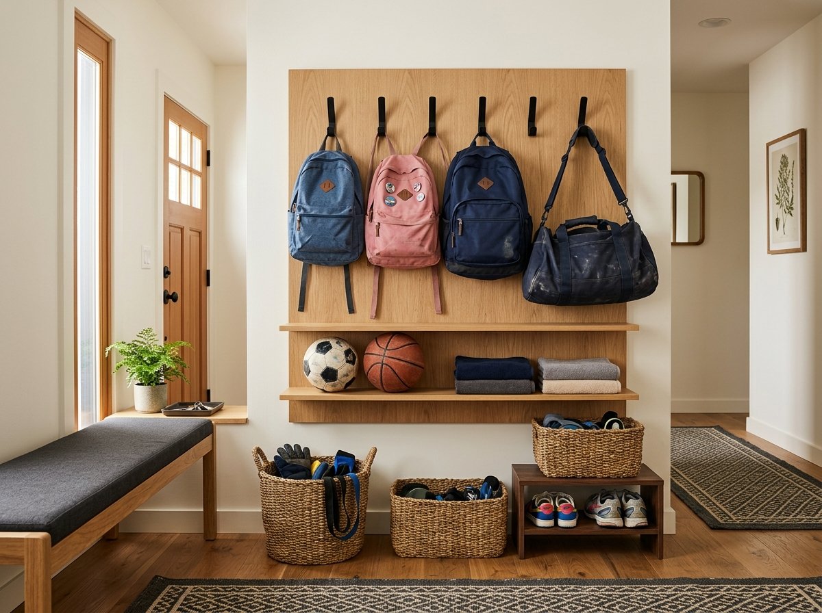 Organized entryway sports station with backpack hooks, ball display shelf, duffel bag storage, and gear baskets