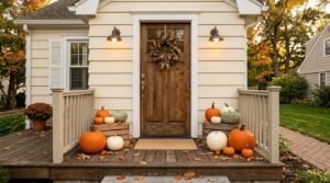 Front porch decorated with an assortment of orange, white, and green pumpkins arranged on wooden crates and floorboards