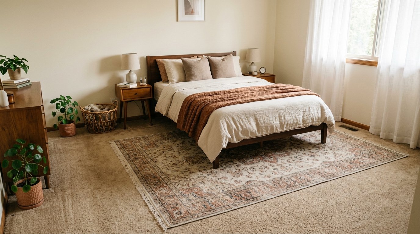 Vintage patterned area rug layered over dated wall-to-wall carpet beneath a wooden queen bed