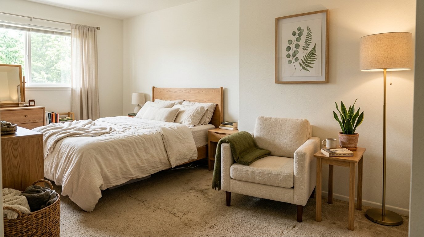 Cozy bedroom reading corner with an upholstered armchair, small wooden side table, and slim floor lamp
