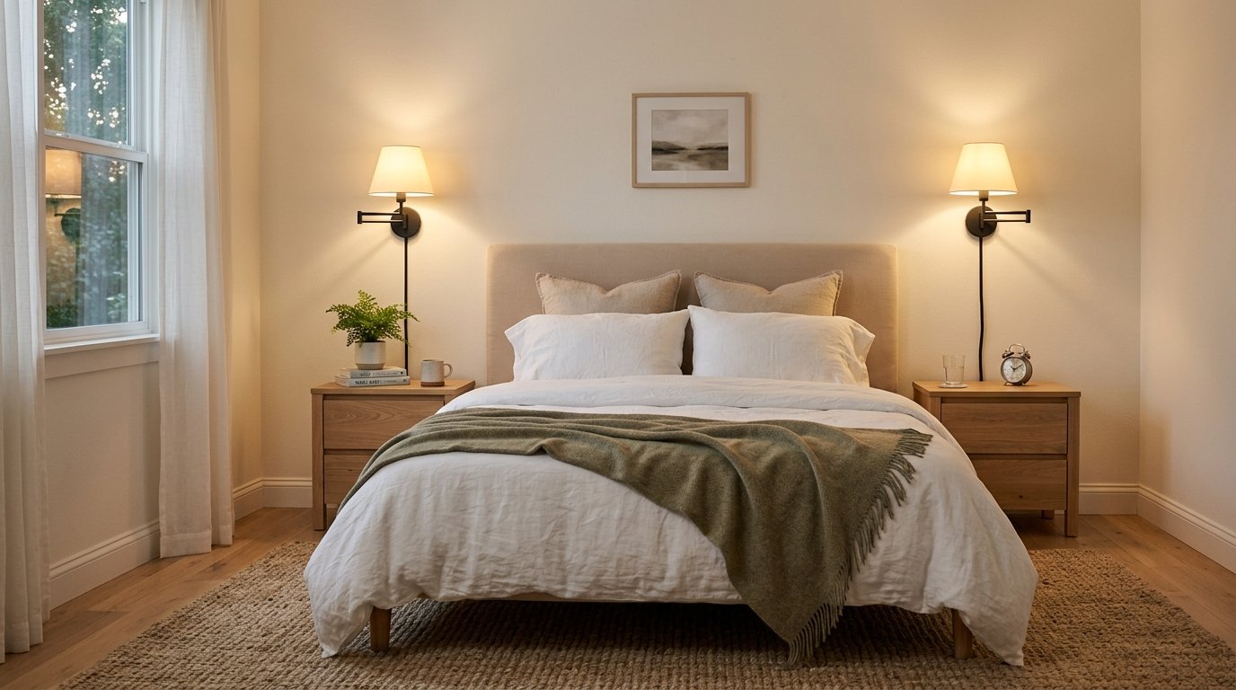 Symmetrical plug-in swing arm wall sconces mounted beside an upholstered bed in a rental bedroom