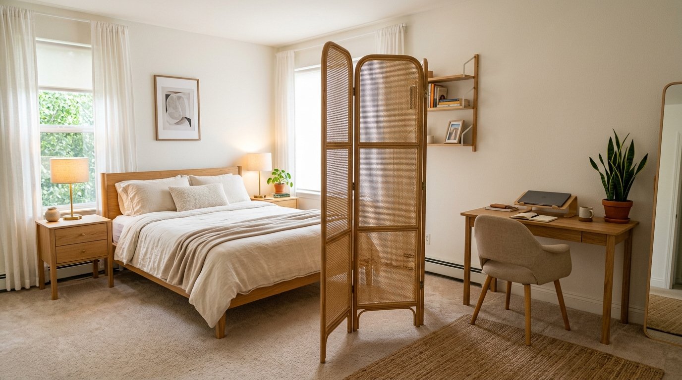 Freestanding natural rattan folding room screen separating a bedroom sleeping area from a desk workspace