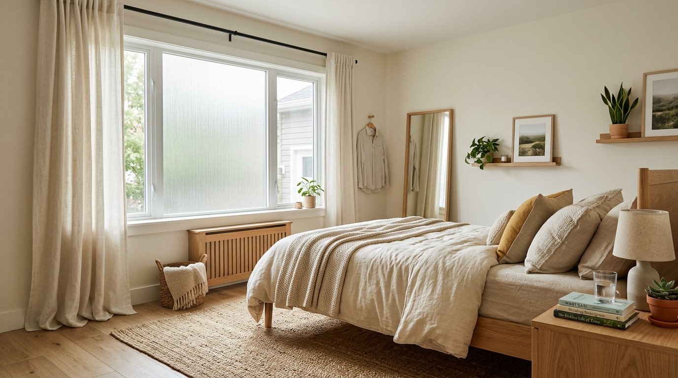Rental bedroom window treated with frosted privacy film allowing natural light while obscuring outside view