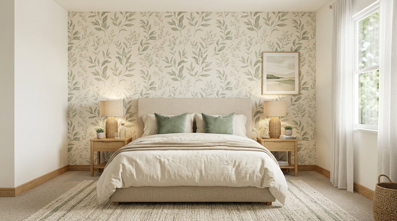 Rental bedroom accent wall featuring subtle sage green botanical removable peel-and-stick wallpaper behind an upholstered bed